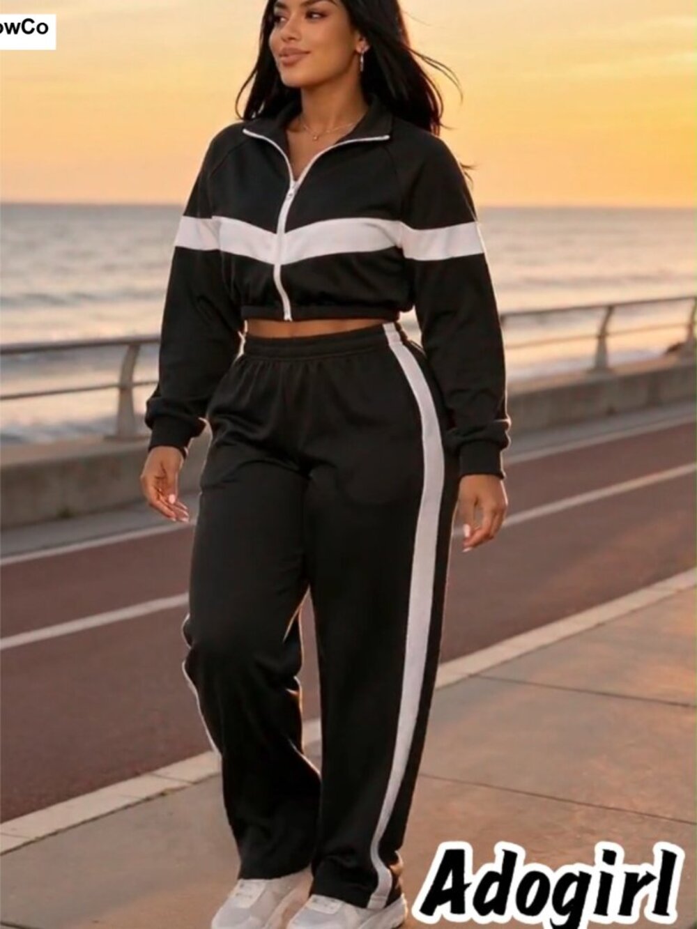 Women 2 Piece Outfit Zip Up Crop Jacket Flare Pants Workout Set - Picture 5 of 6